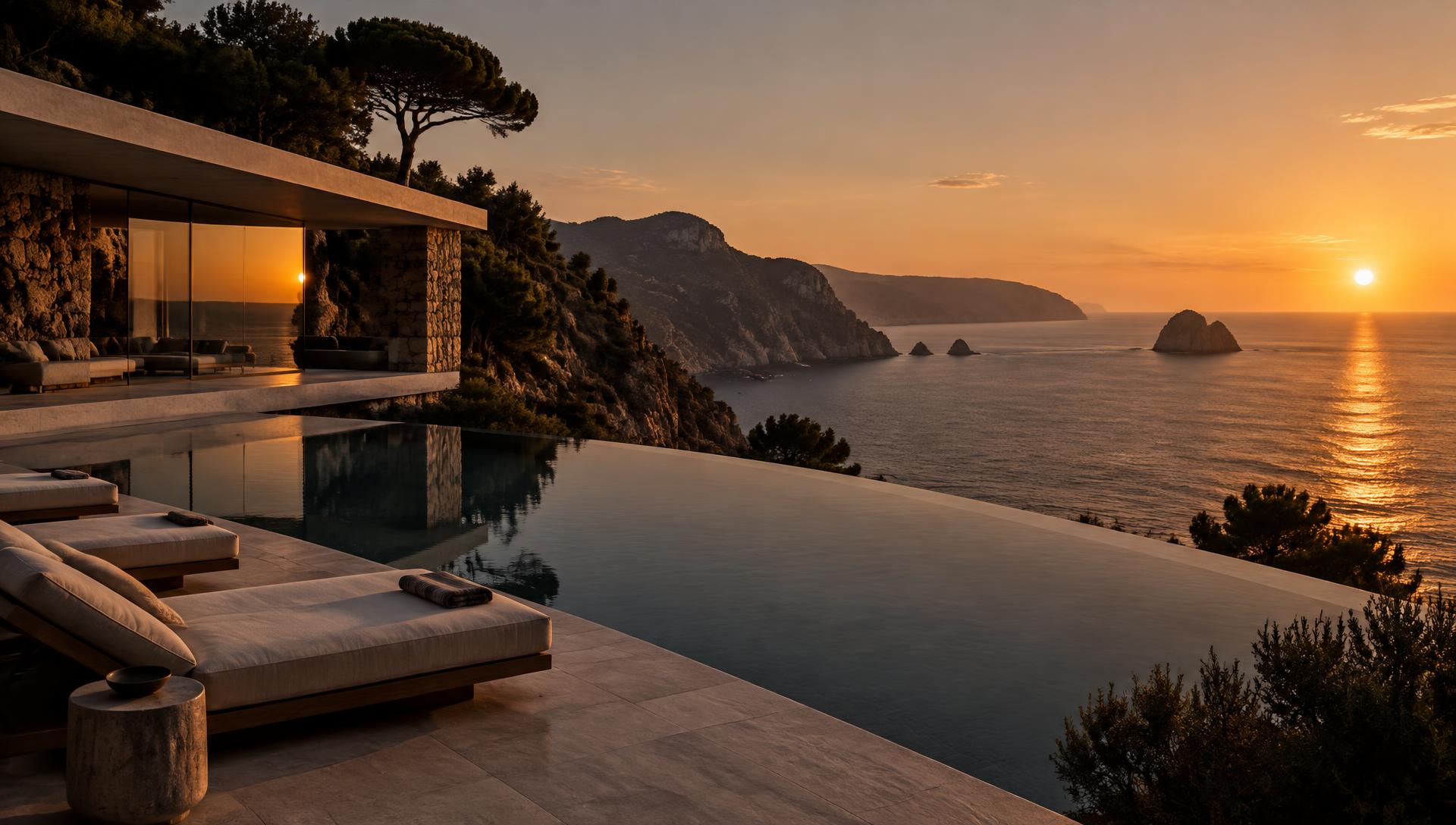 Infinity pool on a cliffside villa terrace above the Mediterranean at dusk