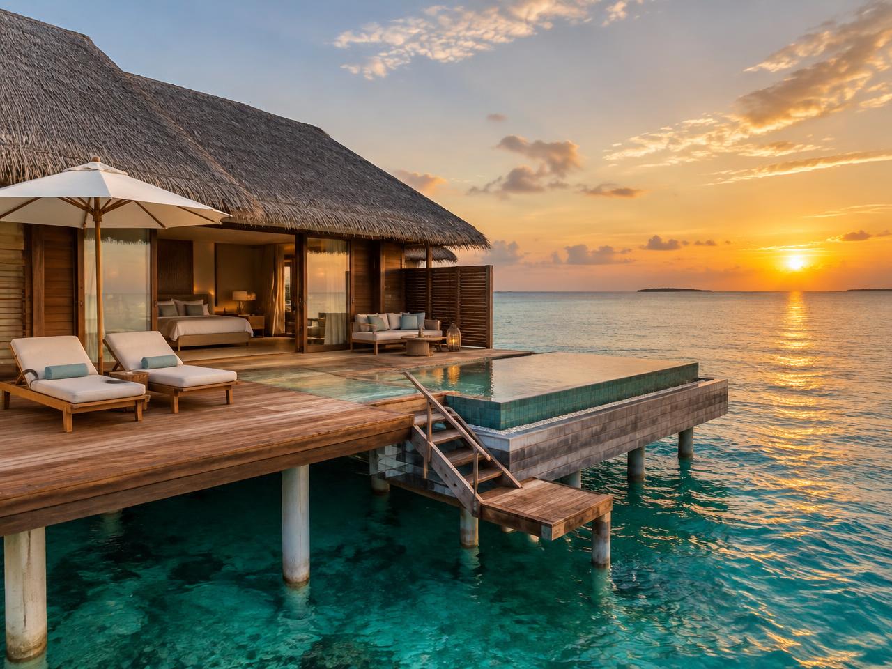 Overwater villa with a timber deck and private pool above a turquoise Maldivian lagoon at sunset